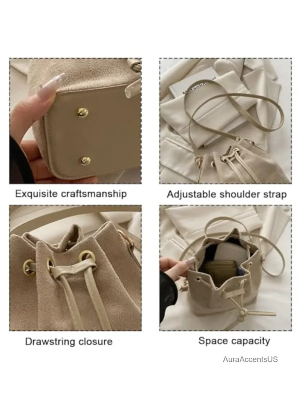 Suede Bucket Bag for Women Drawstring Crossbody Hobo Handbag